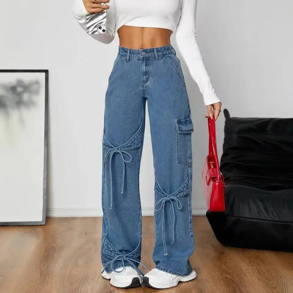 Jeans Women Denim Straight Wide Leg Pants 2026 Streetwear Button Pockets Mid Waist Lace Up Bow Washed Distressed Trousers