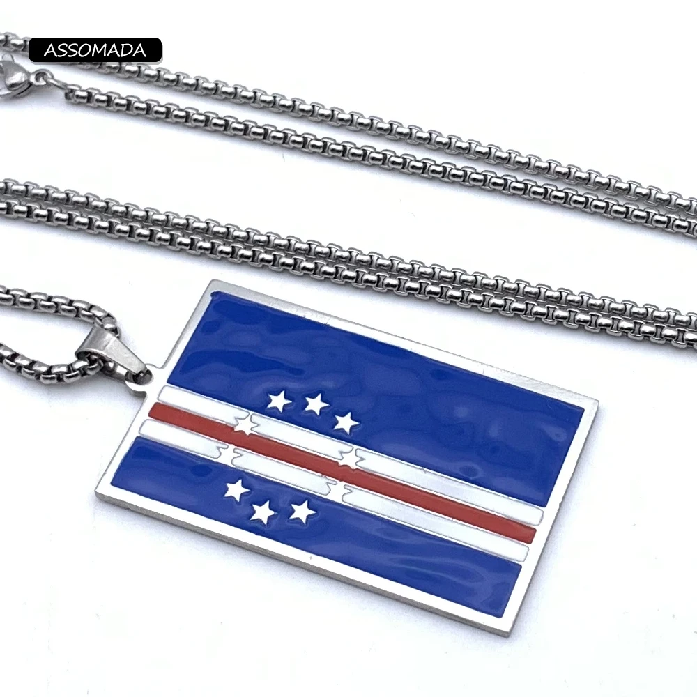 ASSOMADA Stainless Steel Cape Verde Charms Pendant For Men Handmade Flag Shape Necklace DIY Jewelry Gift Cabo Verde