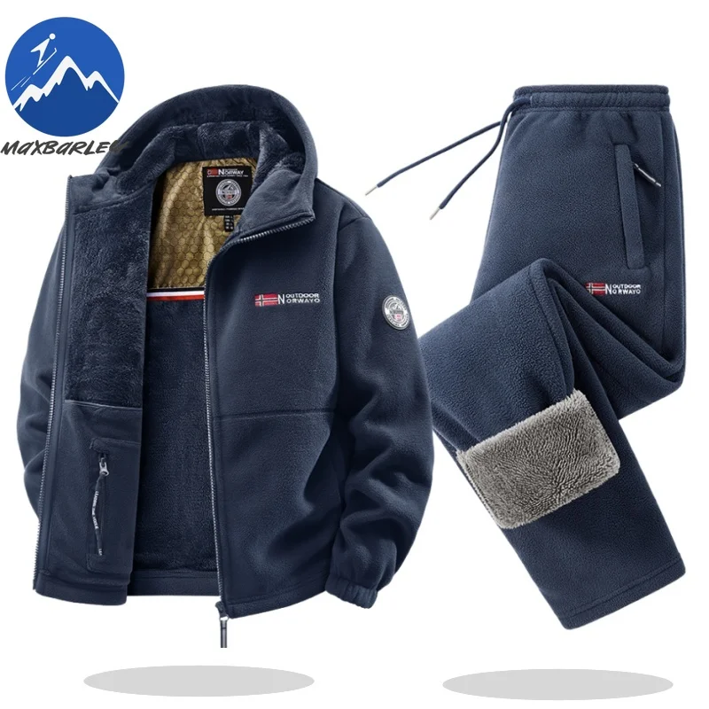 Maxbarley الشتاء الرجال رياضية 2025 جودة عالية سميكة جاكيت من الصوف + السراويل 2 قطعة مجموعة عادية تزلج الجري ملابس رياضية الثلوج مجموعة