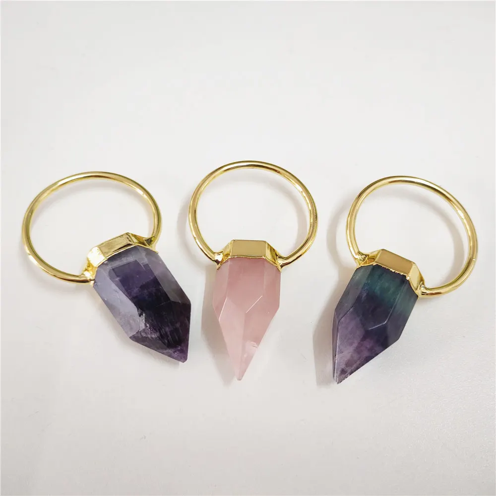 FUWO Natural Amethysts/Fluorite/Pink/Crystal Quartz Point Pendant,Golden Plated Srone Accessories For Necklace Making PD417