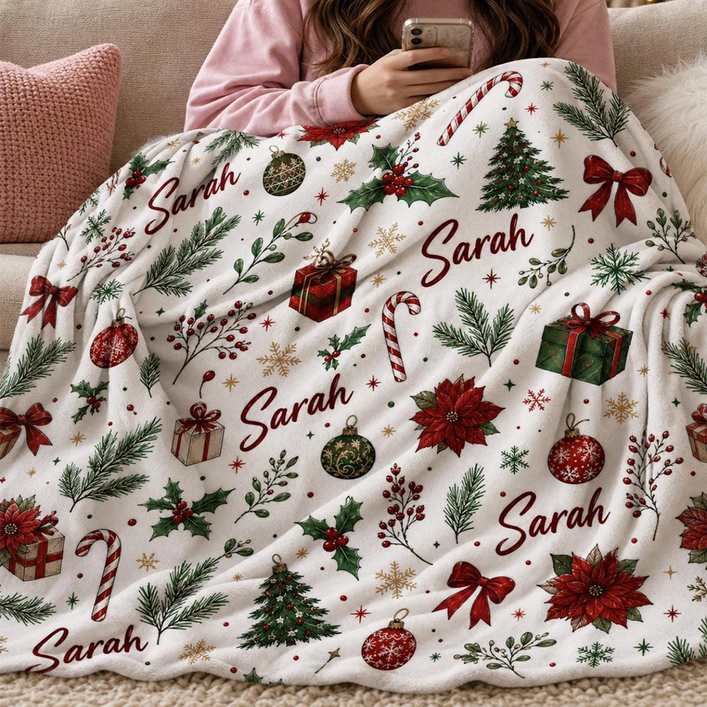 Personalized Christmas Cozy Blanket, Custom Name Holiday Throws Blanket, Personalized Family Christmas Gift, Secret Santa Gift