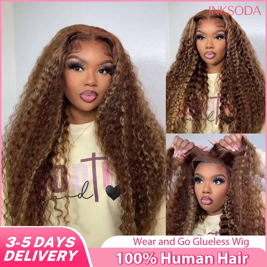 

Deep Wave Highlight Wig Human Hair Honey Blonde 5x5 Glueless Wigs Ready To Wear For Women 30 Inch Curly Pre Cut Lace Front Wig