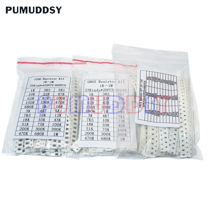 33ValuesX 20pcs=660pcs 0603 0805 1206 Resistor Kit Assorted 1R To 1M Ohm 1% SMD Sample Kit DIY 3.3R 5.1R 10R 47R 62R 82R 1K 10K