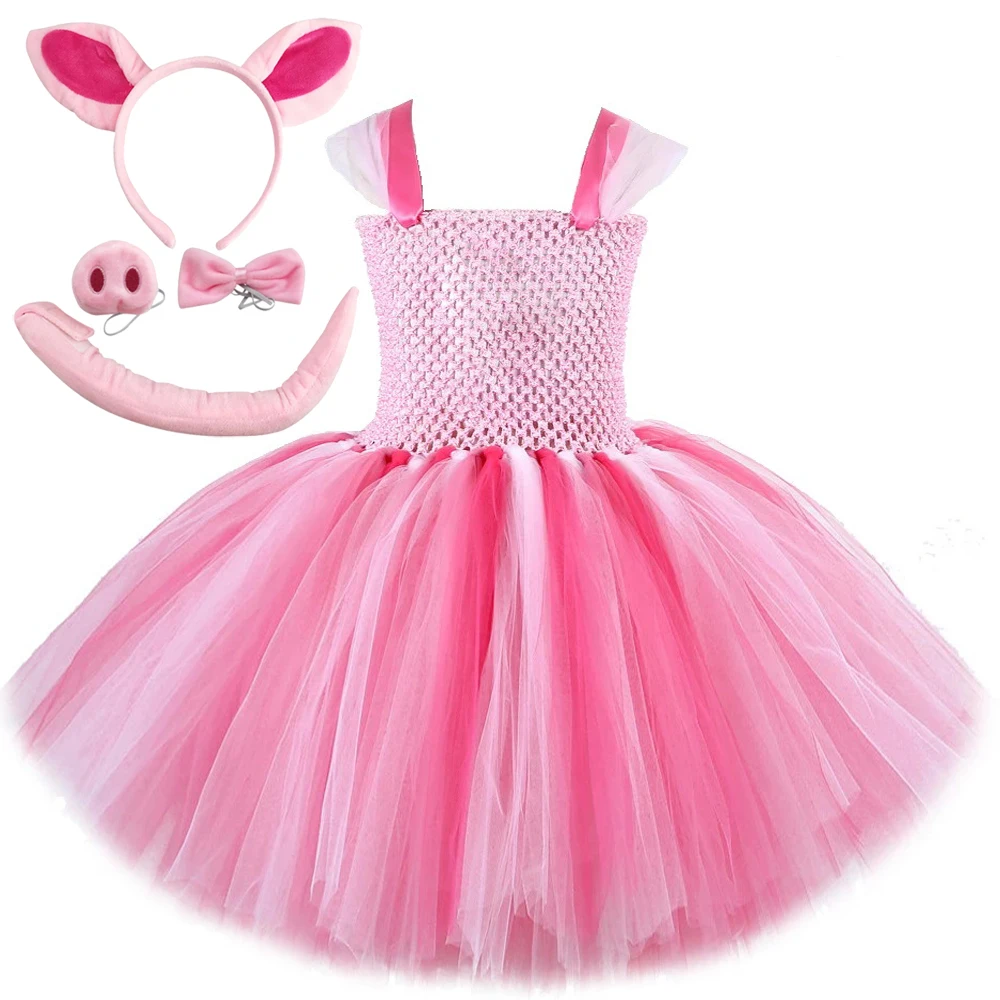 Baby Girls Pink Pig Tutu Dress for Kids Toddler Little Piggy Costumes Children Birthday Animal Outfit with Ears BowTie Tail Nose