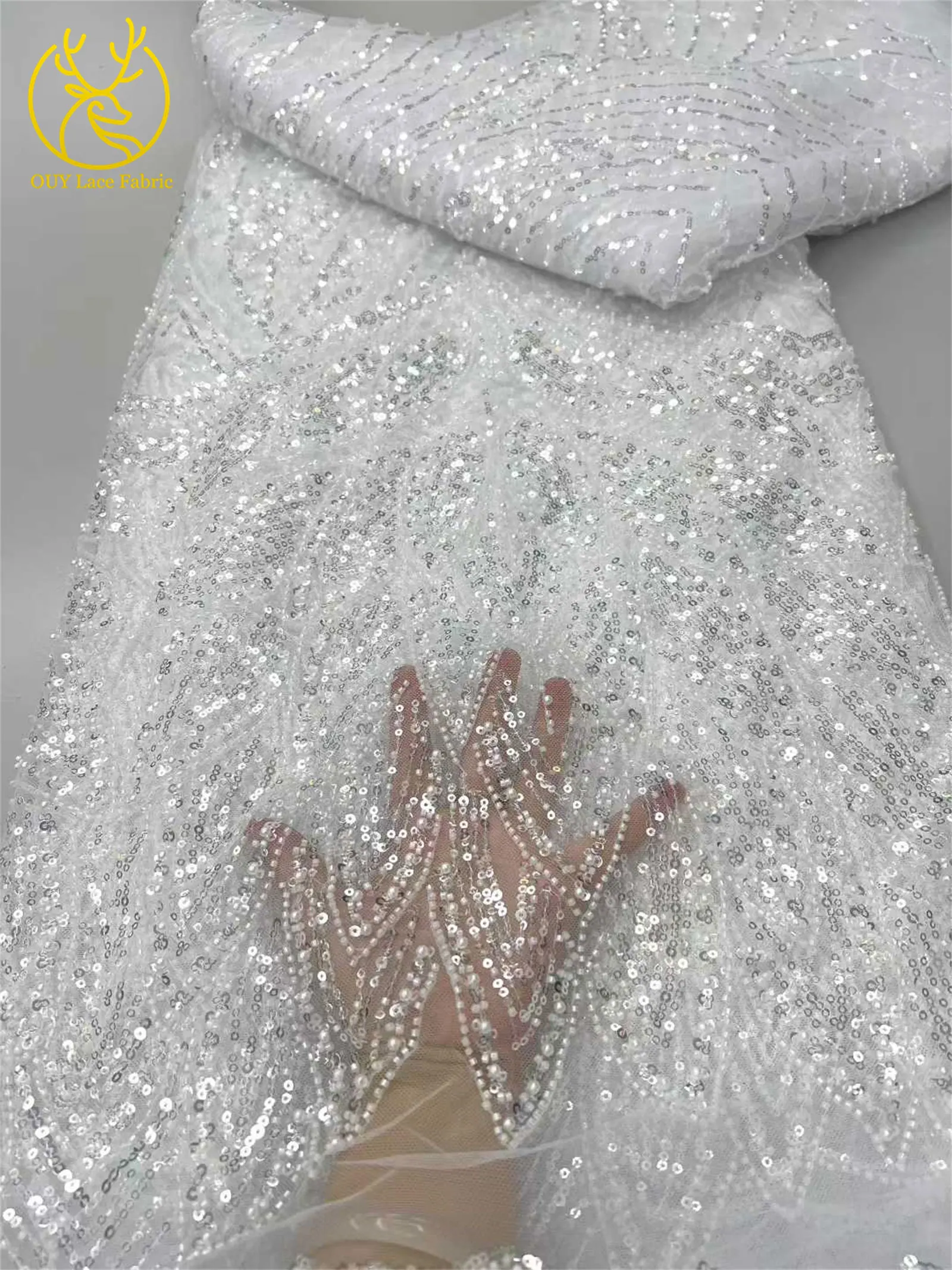 Hot Selling African Beaded Tulle Lace Fabric 5 Yards Fashion French Nigerian Sequins Mesh For Ladies Party Wedding Dress Fabrics