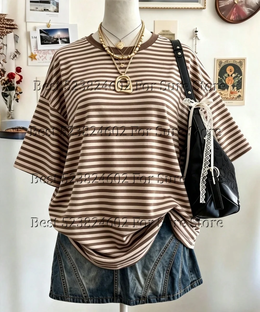 Y2K Retro Stripe Women T‑Shirt Letter Print MORE AMOR POR FAVOR Oversized Loose Fit Short Sleeve Tee Casual Daily Street Tops