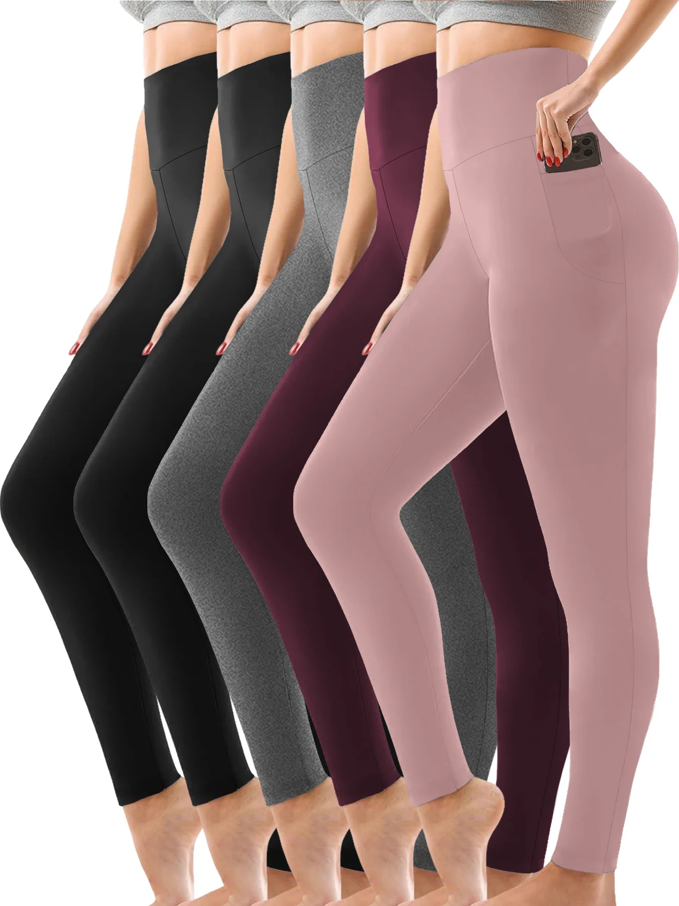 Leggings super morbidi a vita alta da 5 pezzi con tasche - Pantaloni da yoga da donna per il controllo della pancia per l'allenamento e la vita casual
