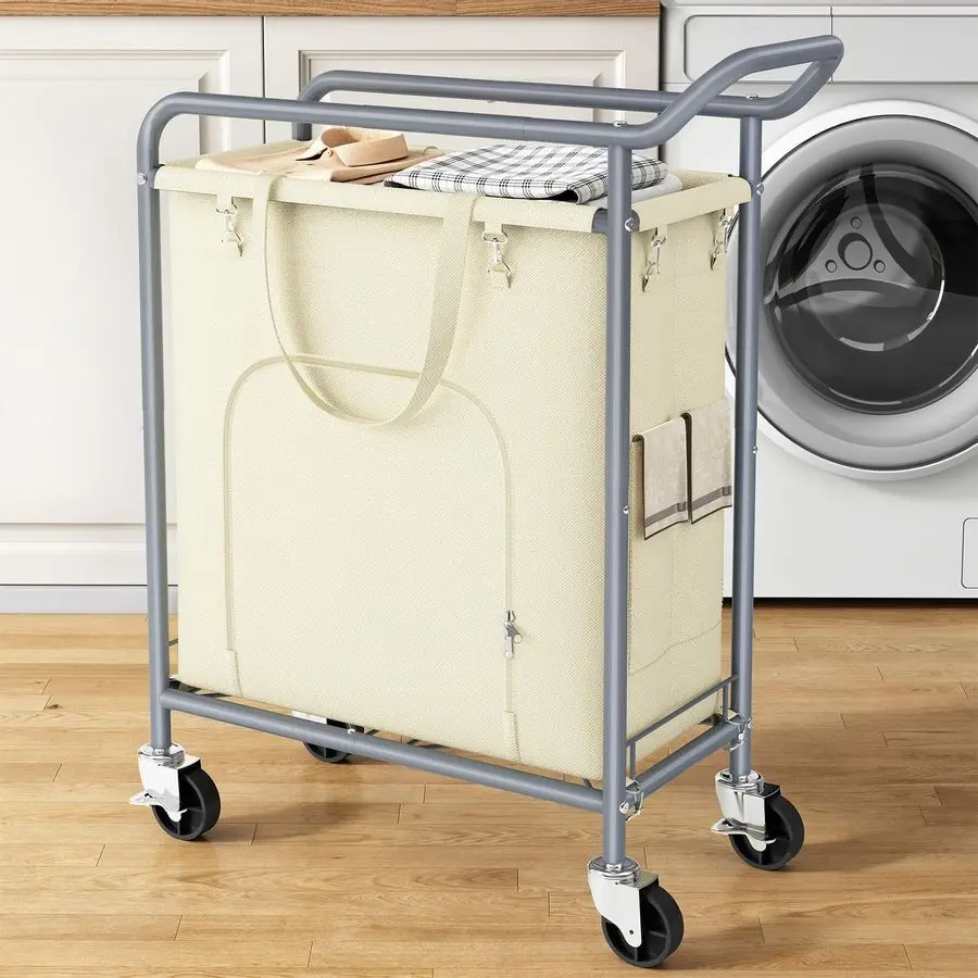 

Корзина для белья на колесах, 114 л, большая передвижная корзина для белья, прочная тележка для белья с металлическим каркасом и ручкой, минимизирует неприятные моменты при использовании, снижая нагрузку на спину.