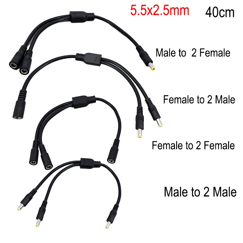 

40cm 5.5x2.5mm 18awg 10A 5V-36v 2 way 1 male to 2 male female DC Power supply adapter Cable 5.5x2.5 Splitter connector Plug