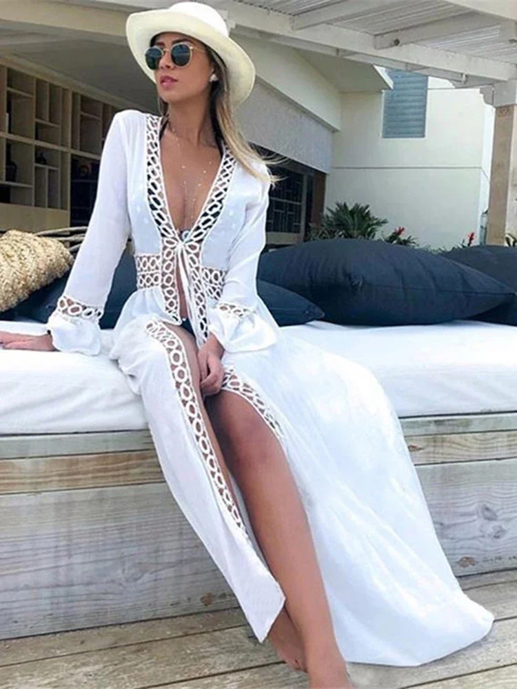 بيكيني جديد عميق على شكل حرف v لعام 2025 يغطي الشاطئ للنساء بأربطة مفرغة ملابس شاطئ كلاسيكية للسيدات على الموضة للصيف