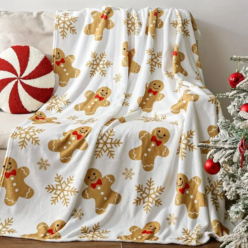 VIKAMA Christmas Throw Blanket Gingerbread Man Red Bow Snowflake Soft Flannel Fleece Couch Blanket Cozy Holiday Home Decor