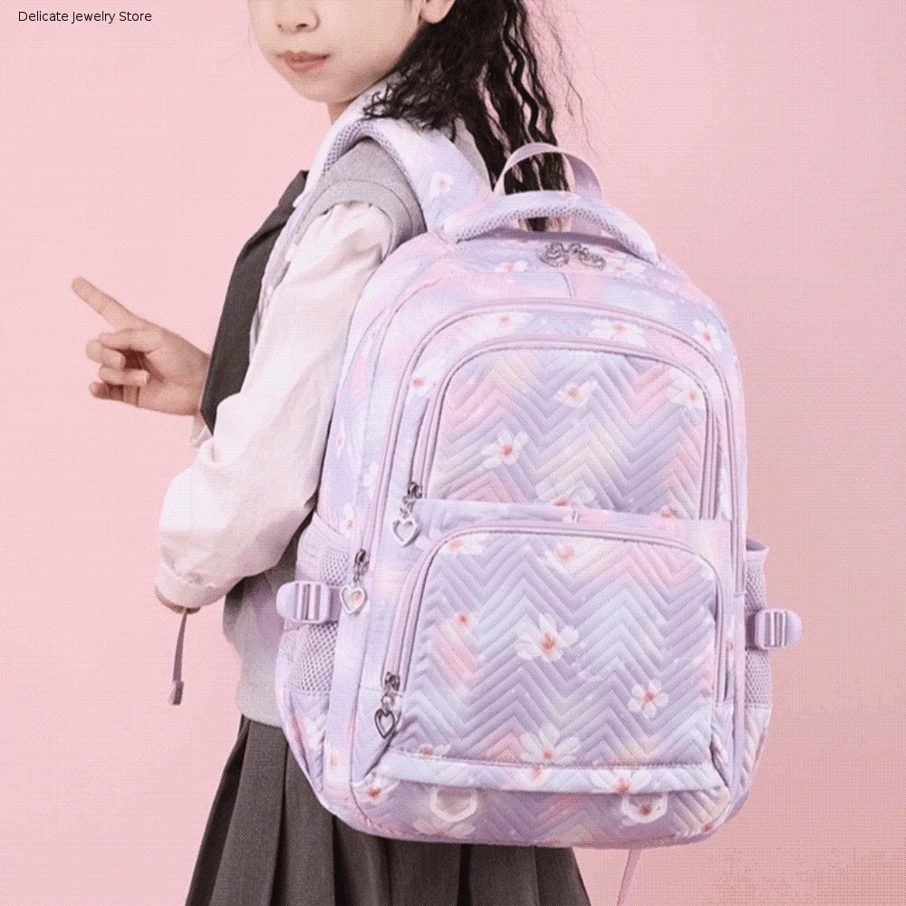 Casual Flower Printed Children Backpack Nylon Multiple Pockets Shoulders Bag Large Capacity Harajuku Student School Bag Girls
