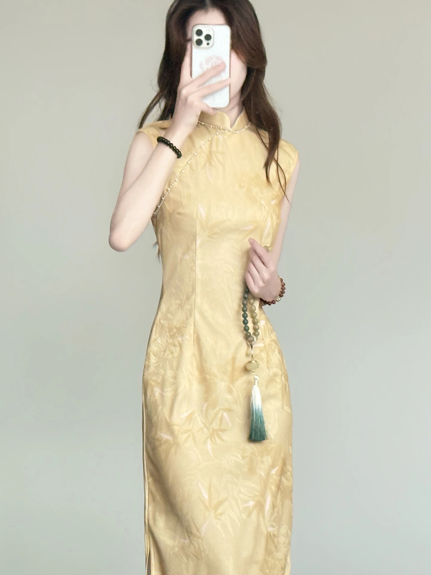 

Elegant Yellow Lace Dress Chinese Style Long Skirt Suit for Office High Slit Breathable Floral Pattern for Young Women