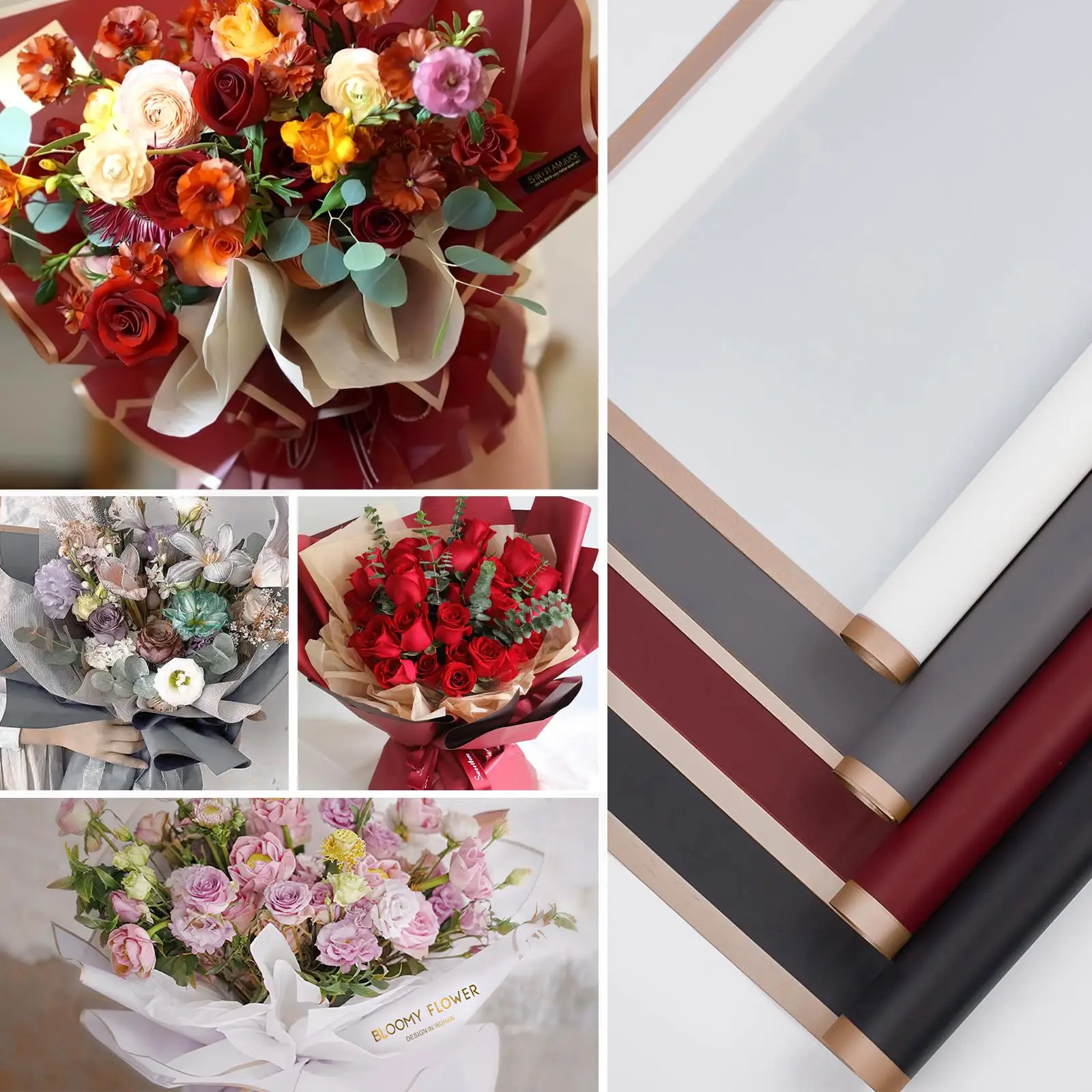 20 Sheets (Burgundy) Waterproof Floral Bouquet Wrap - 18 Vibrant Colors, Gold Trim - Ideal for Korean Florist Supplies, DIY Craf