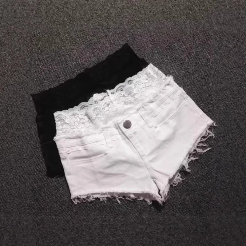 Lace Splicing Elastic Tigh Ultra-shorts Women's Denim Shorts Sexy Low-rise Hot Pants