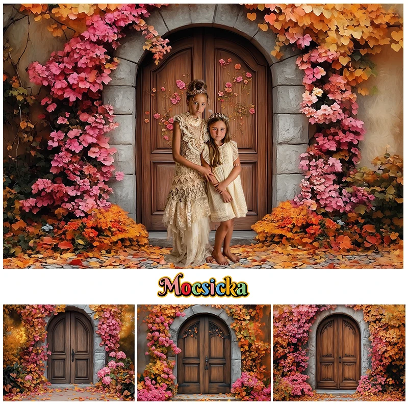 

Mocsicka Autumn Archway Backdrops Kids Baby Festival Photocall Decors Pumpkin Lantern Door Decor Brick Wall Backgrounds