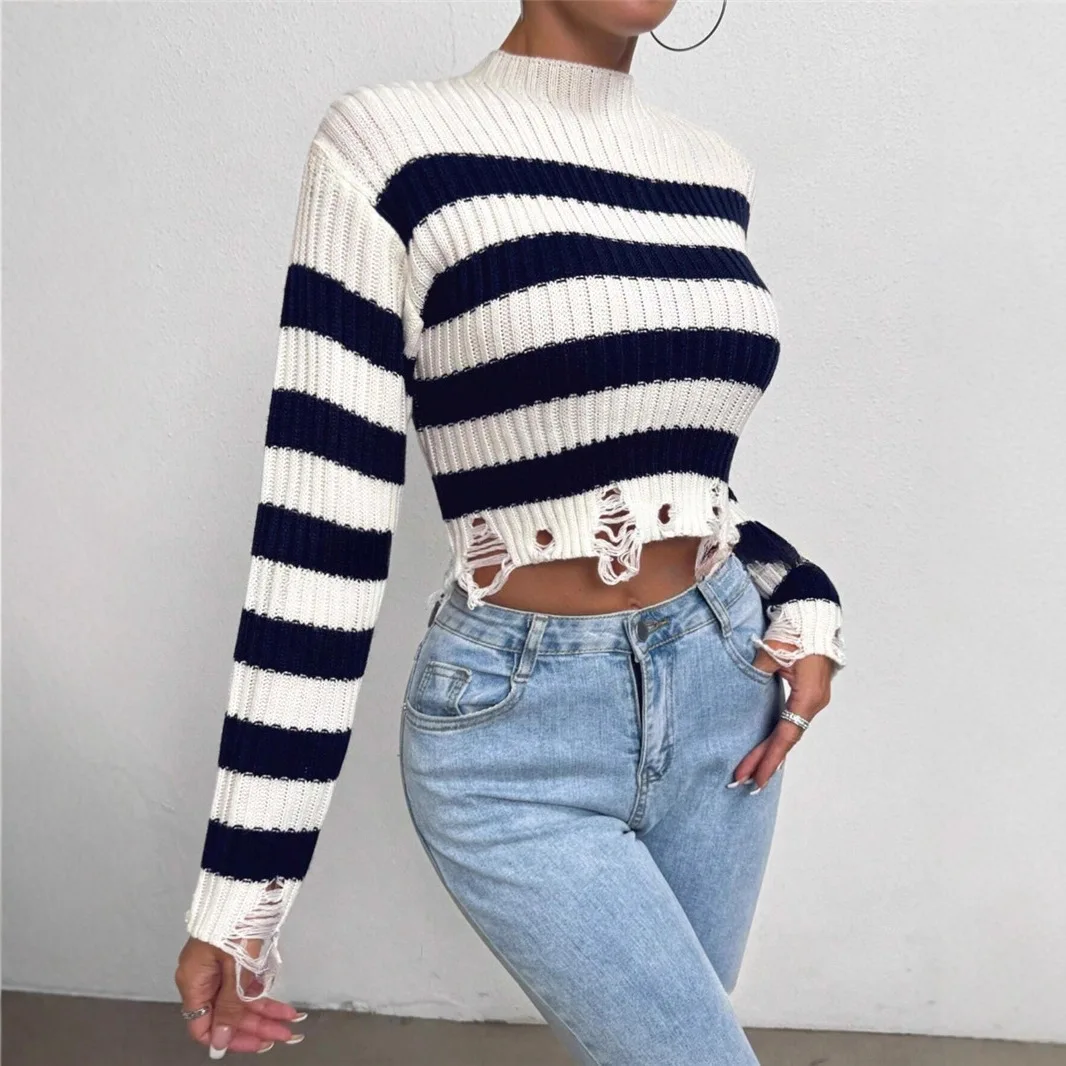 

2025 New Women's Color Block Striped Knit Sweater Fashion Round Neck High Waist Short Style with Holes