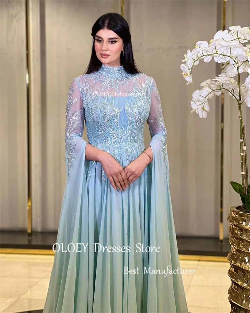 Oloey Glitter Pailletten Spitze Chiffon Dubai arabische Abendkleider lange Ärmel hoher Hals bescheidene staubige blaue formelle Ballkleider