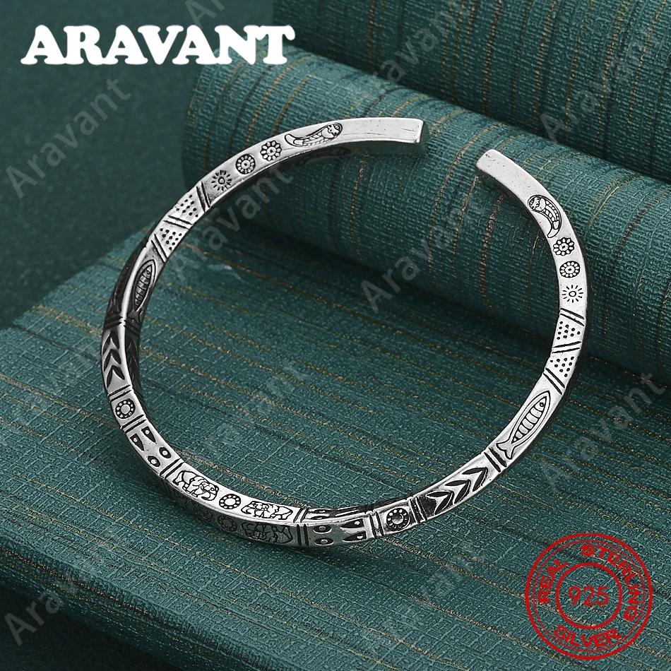 925 Sterling Silver Totem Round Open Bangle - Unique Gift For Women, Versatile For Events And Jewelry
