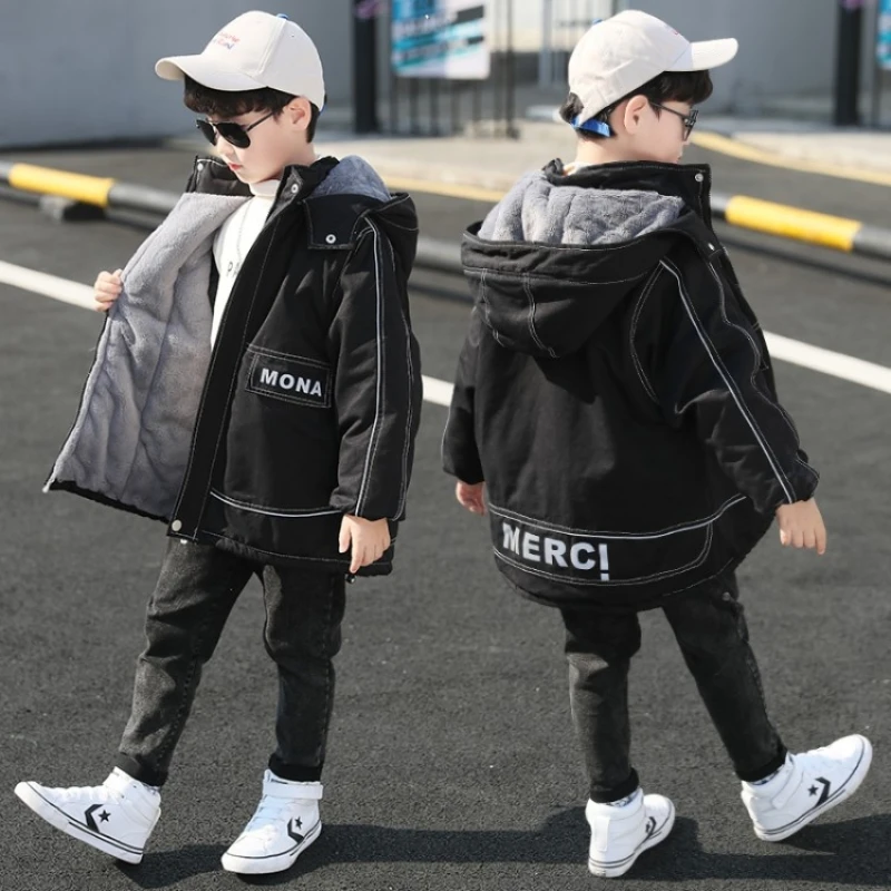 

Boys Coat Jacket Cotton Outerwear Windbreak 2023 Black Thicken Velvet Winter Warm Christmas Gift Children's Clothing