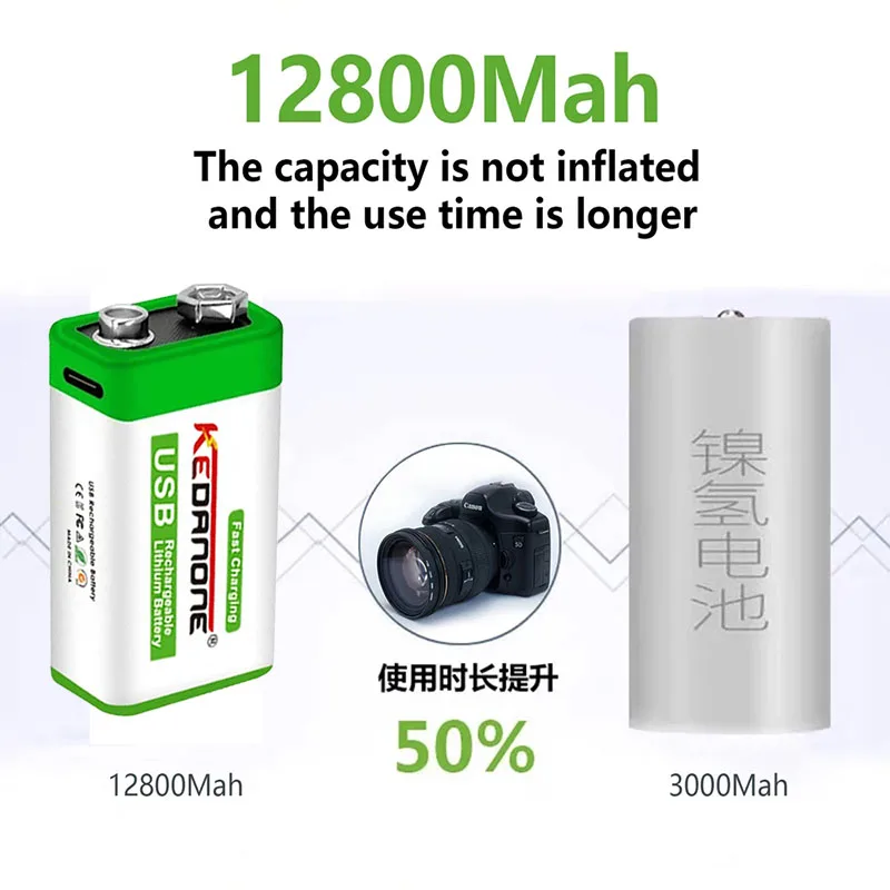

New type-C USB battery 9V 12800mah lithium ion Rechargeable Battery 9 Volt multimeter lithium microphone metal detector + cable