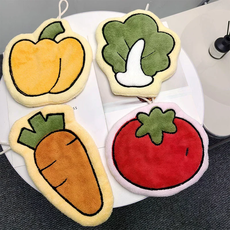 Vegetables Coral Fleece Hand Towels Wall Hanging Rag Carrot Tomato Design Quick-Dry Absorbent Kitchen Bathroom Hands Towel