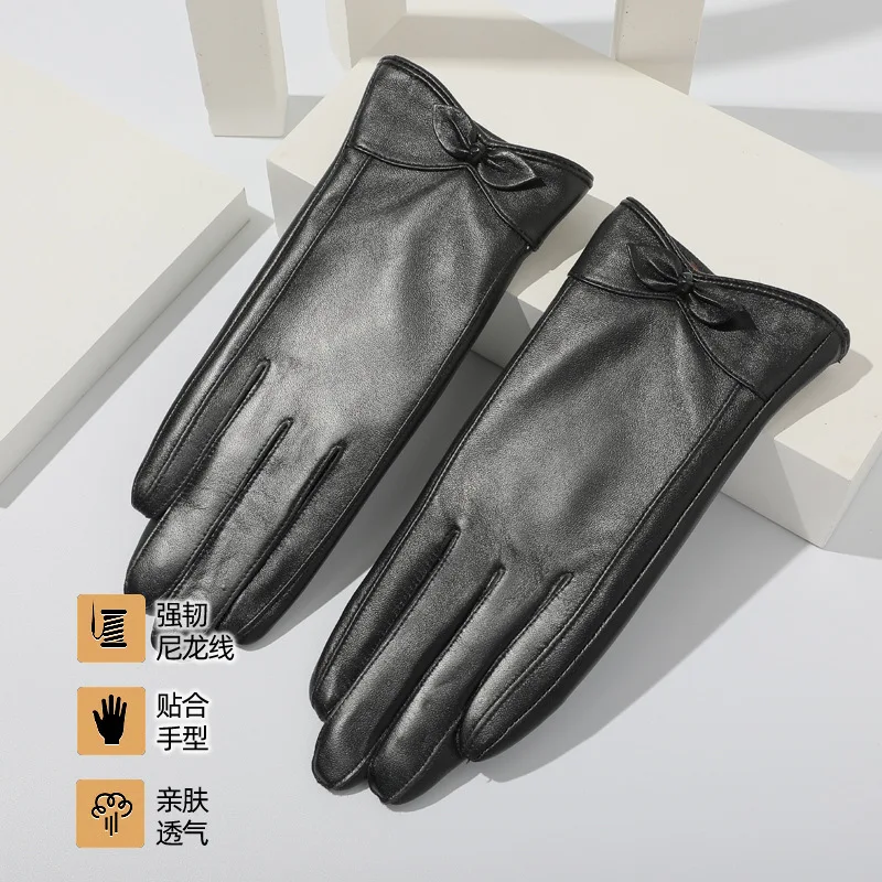 

Genuine Leather Driving Cycling Gloves Women Winter Fleece Warm guantes mujer Sheepskin Bow Split Full Finger Gloves White Black