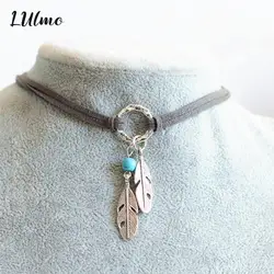 Velvet Choker Black Brown Leather Choker Necklace Antique  Color Feather Shape Charm Multilayer Chain Necklace