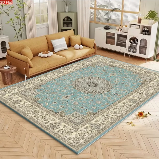 Turquoise Traditional Persian Square Rug Intricate Medallion Floral Border Non-Slip Carpet for Classic Living Room Home Decor