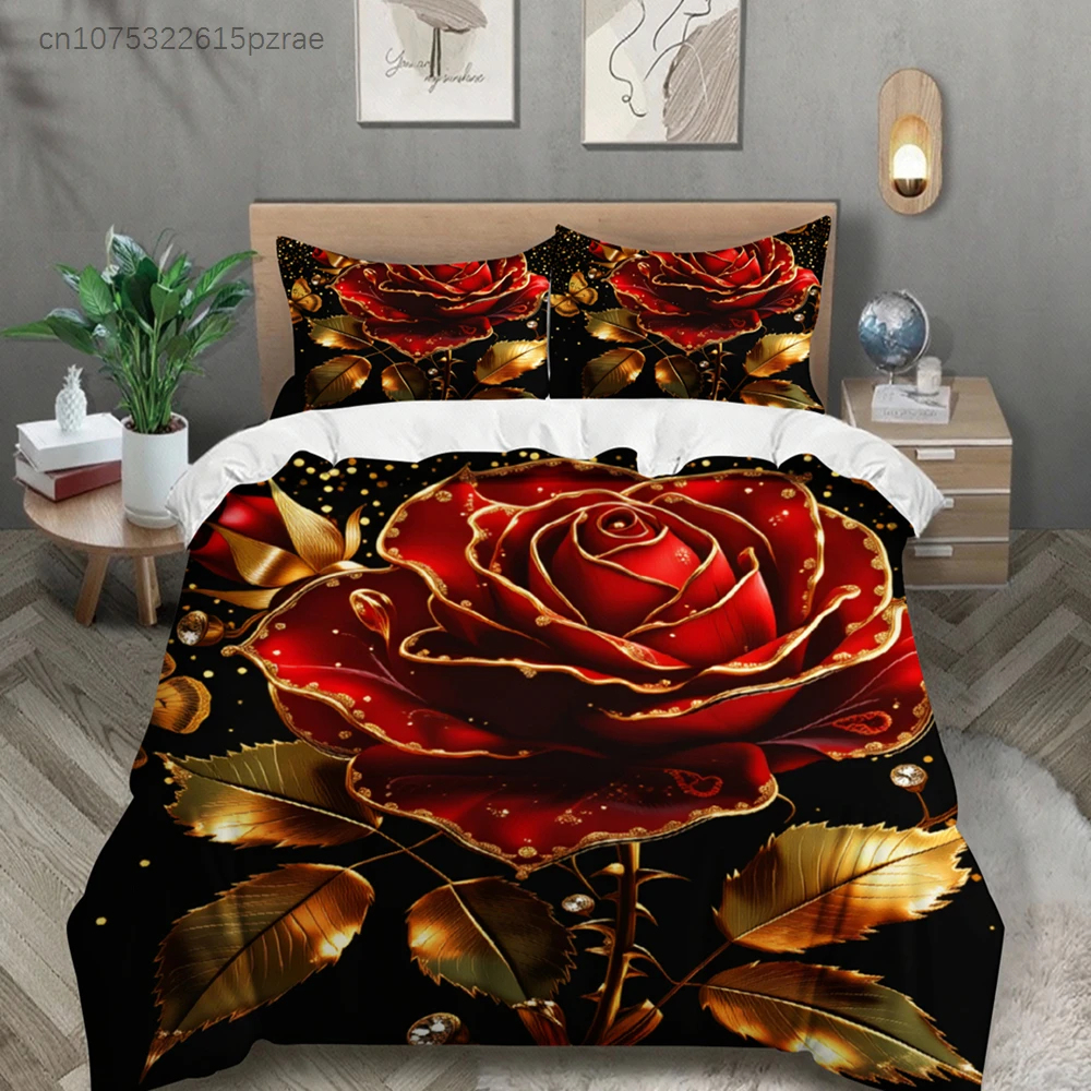 Rose Gold Floral Bedding Set Black Red Rose And Golden Leaves Print Bedding With Duvet Cover Pillowcases For Bedroom Decor