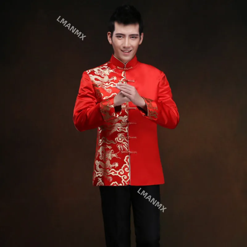 red tunic men traditional chinese male oriental mens clothing shanghai tang cheongsam top wedding chinese tang suit for men