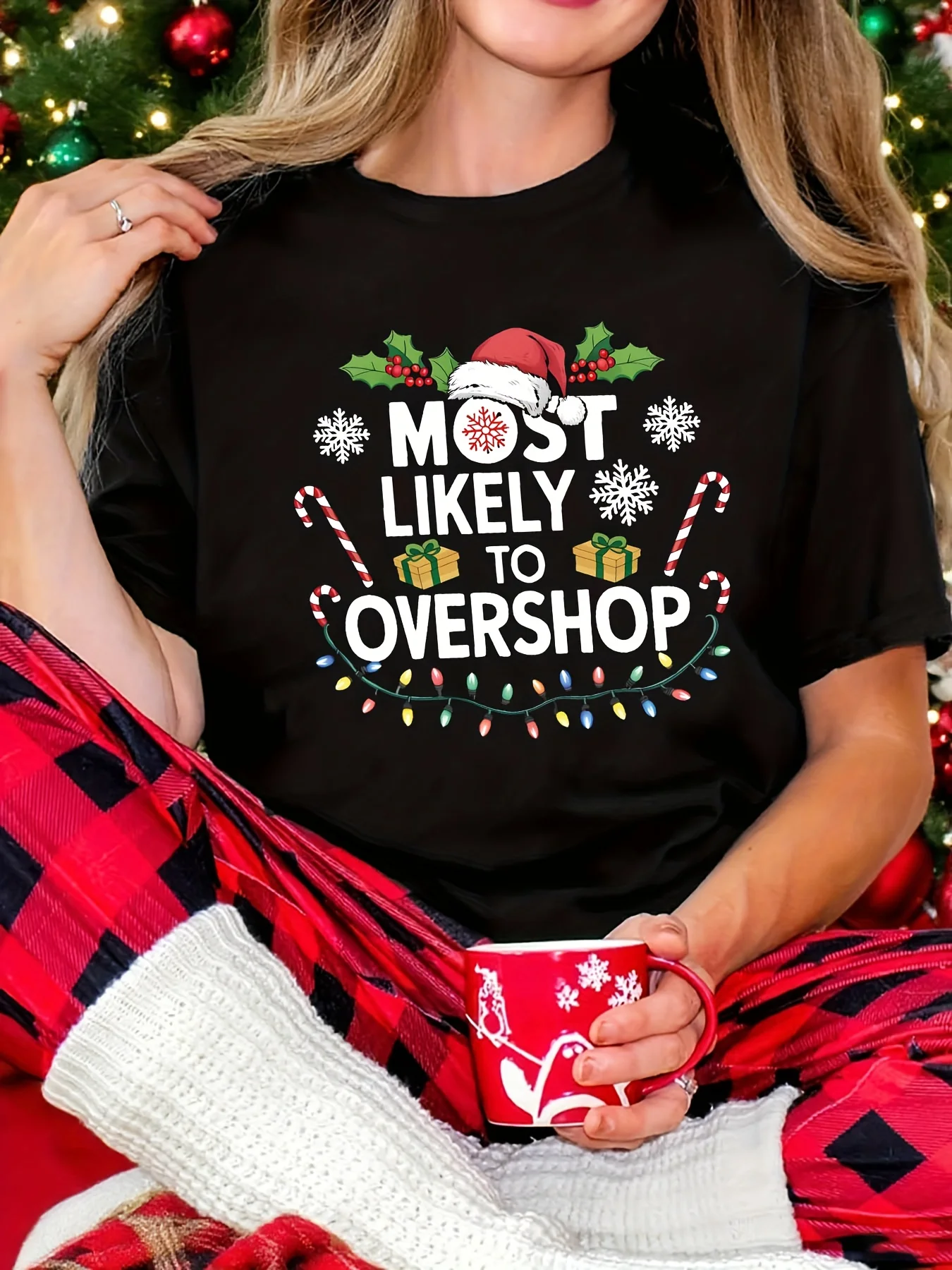 

Funny Christmas Tee: "Most Likely To Overshop" 220g Cotton Holiday T-Shirt Comfy Fit Great Value Perfect for