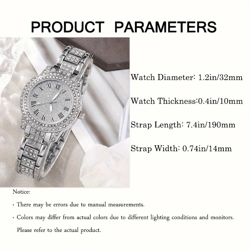 Luxury Rhinestone Quartz Watch Hiphop Fashion Analog Wrist Watch & 6pcs Jewelry Set, Gift For Women Her