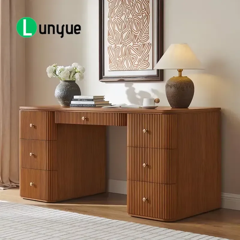 Modern Retro Solid Wood Writing Desk with Multiple Drawers Home Study Computer Workbench Durable Furniture for Office