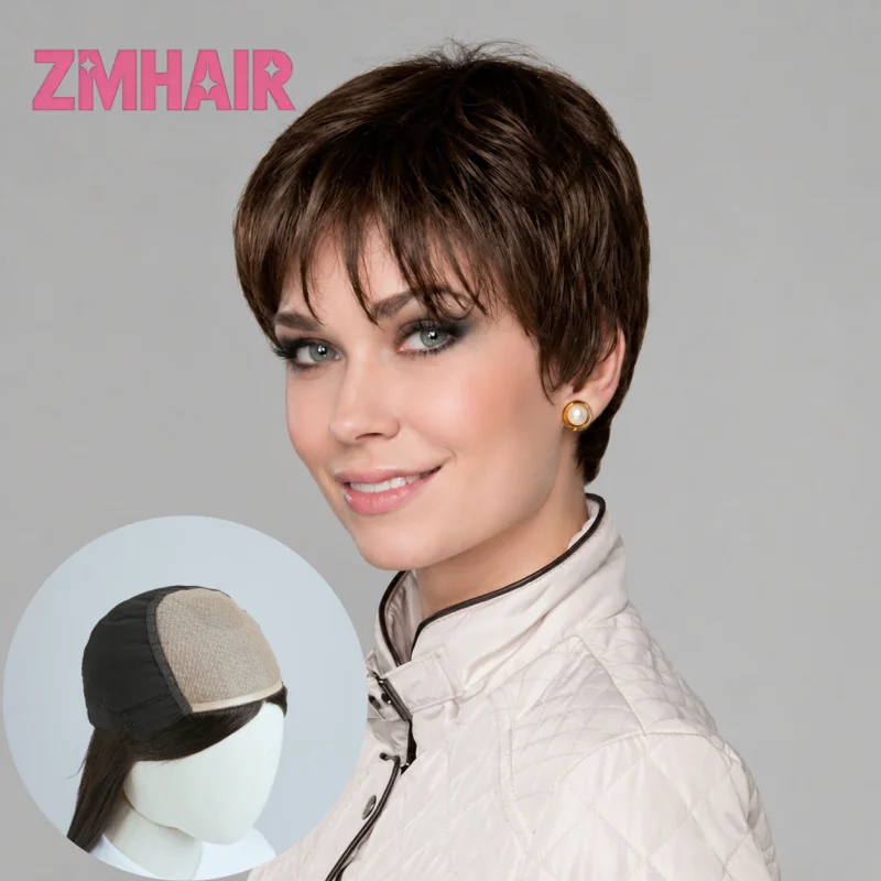 6x6 Silk Base Pixie Wig Glueless PU Front Double Drawn Short Wigs for Women 180% Density Human Hair Pre Plucked Natural Hairline
