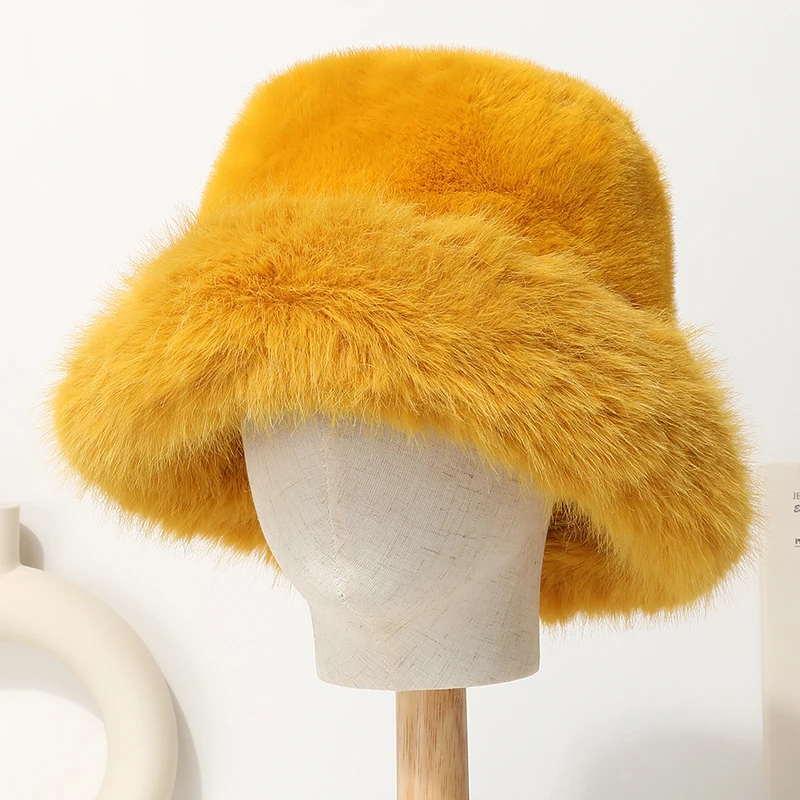 Große Faux Pelz Eimer Hut für Frauen Dicke Plüsch Warme Schöne Flauschigen Winter Hut Dame Luxus Mode Pelzigen Panama Fischer Kappe – Detail 23