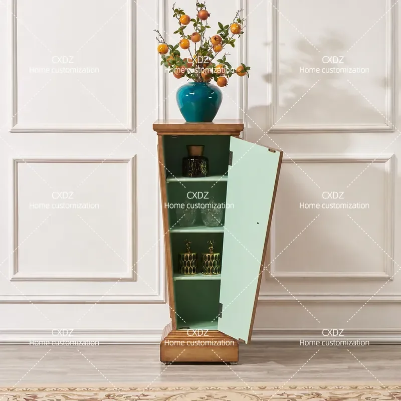 Retro Painted Flower Pot Rack Living Room Plant Stand with Roman Column Design Single Door Locker for Green Plants Home Decor