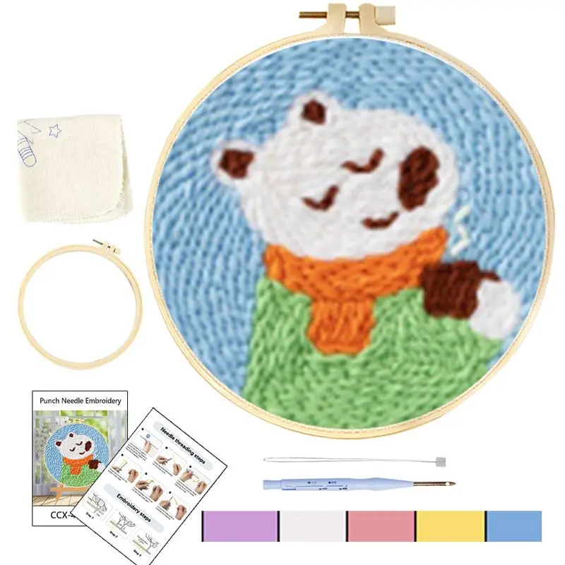 

1 Pack Diy Punch Needle Embroidery Kit With Cute Animals Pattern Wooden Frame With Embroidery Cloth Diy Gift For Room Decor