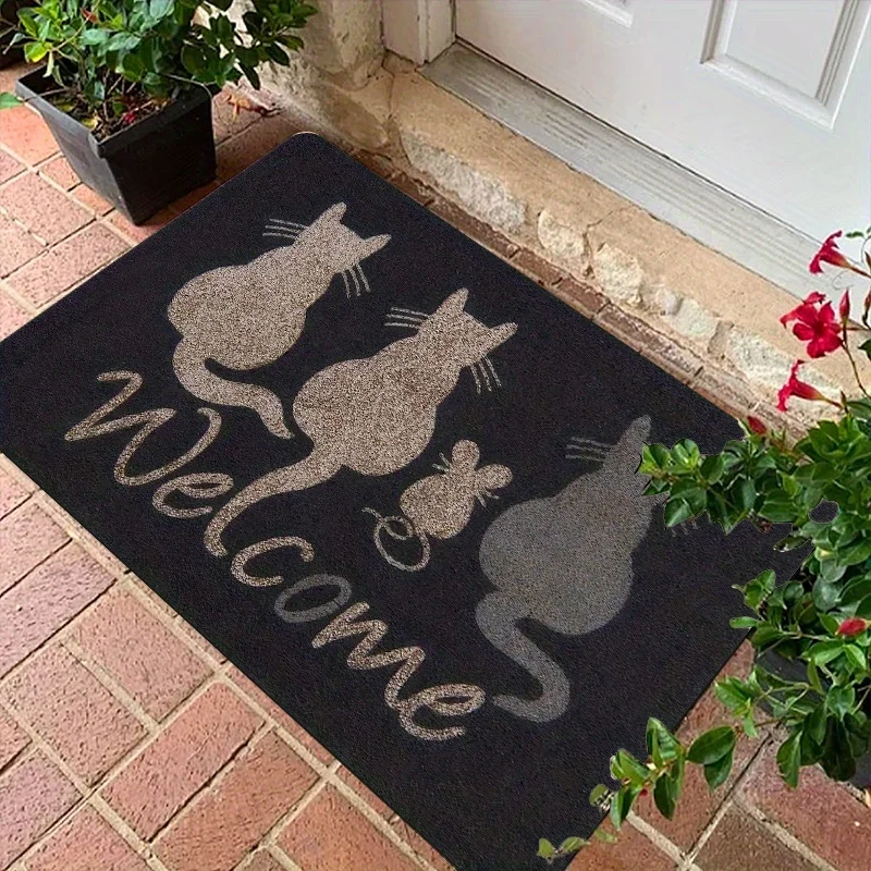 1pcs Cat Theme Welcome Doormat, Multiple Cats and Mouse Retro Simple Elements Pattern Printed Mat - For Living Room