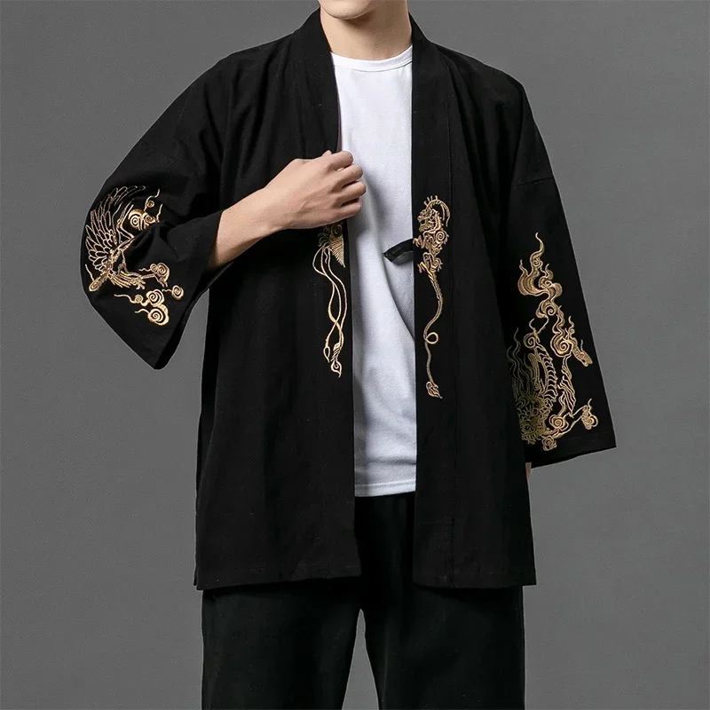 Quimonos japoneses tradicionais para homens, haori, loja chinesa online, Yukata, bordado preto, roupas asiáticas, cardigan, camisa, FF2803