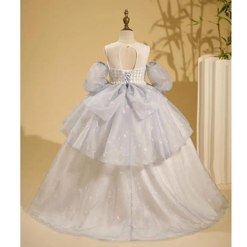 High-End Children's Prom Evening Gown Bow Pearls Design Kids Catwalk Birthday Party Wedding Girl's Princess Dress Vestidos A2987