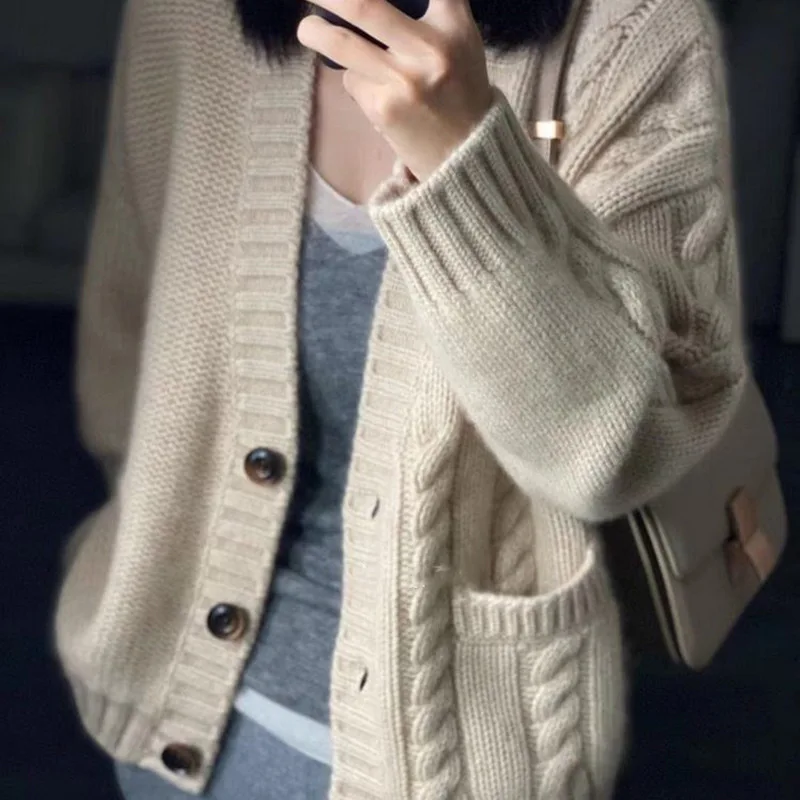 V-neck Short Knitted Cardigan Women Fall Winter Thickened Korean Casual Loose Long sleeve Sweater Outerwear 3 Colors