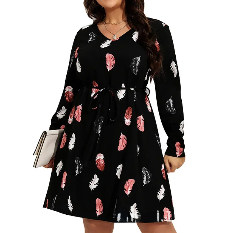 2024 Fashion Party Dress Autumn Loose Dresses Women V-neck Casual Floral Chiffon Dress Trendy Belt Dress Elegant Vestidos 28078