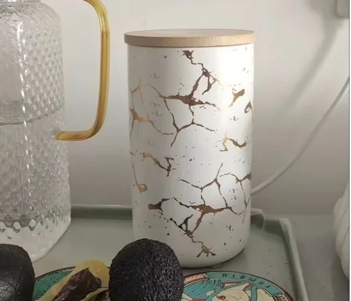 Ceramic Jar with Wood Lid Storage Bottle Jar Kitchen Food Coffee Tea Pot Seasoning Sealed Desktop Decoration Cereal Container
