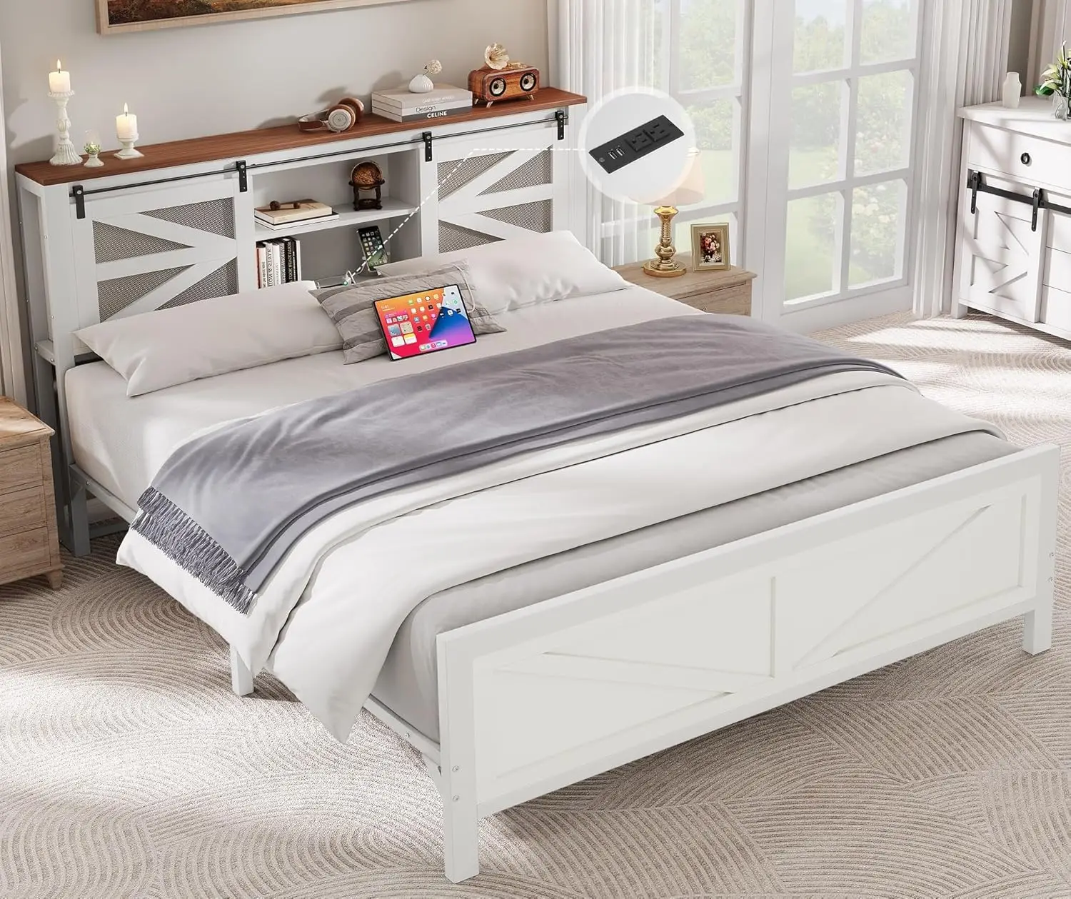 YITAHOME Farmhouse Queen Bed Frame with Headboard, Bookcase Storage, Barn Door, Charging Station, No Box Spring Needed, White.