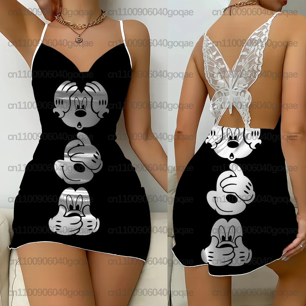 Pyjama Camisole de noël imprimé Mickey Mouse pour femmes, nouveau Style, robe en soie pour vêtements de maison pour femmes avec robe au dos en dentelle papillon