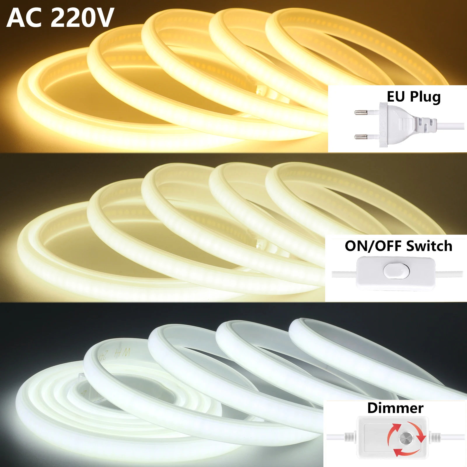 COB LED Strip 220V Waterproof High Bright 288LEDs/m LED Strip with Switch/Dimmer and Plug Flexible Tape for Home Garden Decor