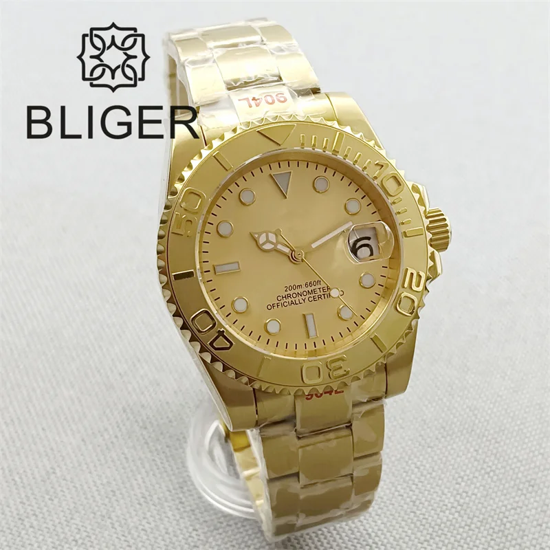 BLIGER Luxury NH35 MIYOTA 8215 PT5000 Automatic Men Watch Full Yellow Gold Bracelet Gold Sunburst Dial Sapphire Glass Waterproof