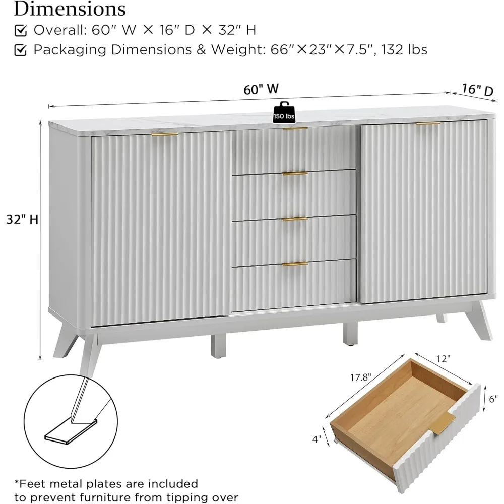 Komoda nowoczesna z rowkowanym wykończeniem, 60 cali, z przesuwnymi drzwiami, blatem z imitacji marmuru, 4 szufladami, zakrzywionym kształtem, komoda/stojak pod telewizor.