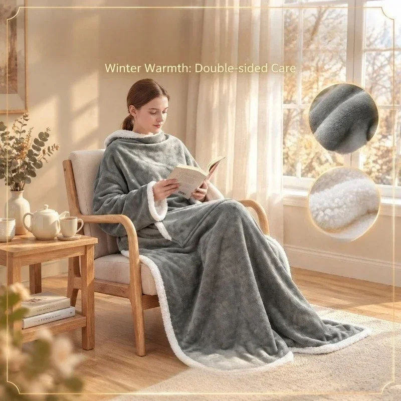 Multi-functional Wearable Sleeve Blanket Sherpa Fleece Lazy TV Blanket for Indoor Home Office Nap Blanket